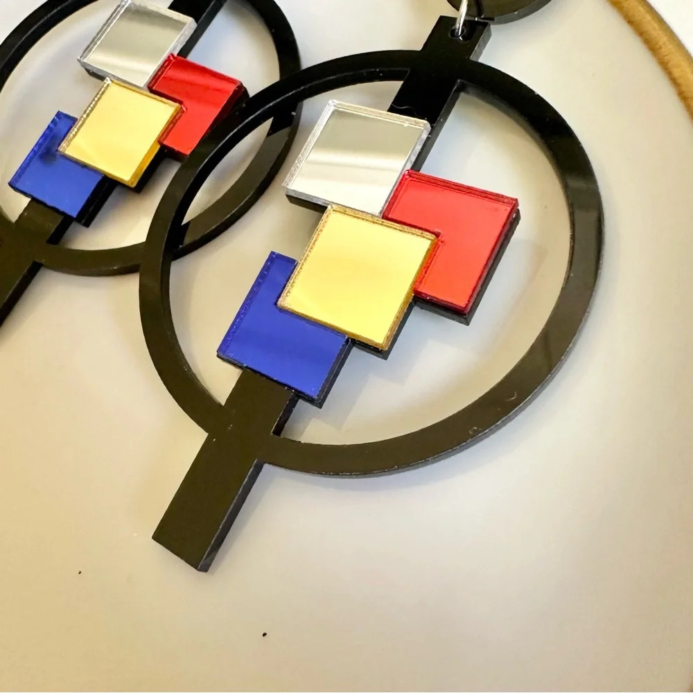 2/$30šµ Mirrored Acrylic Pop Art Earrings Geo Square Circle Color Block Mosaic - Picture 4 of 10